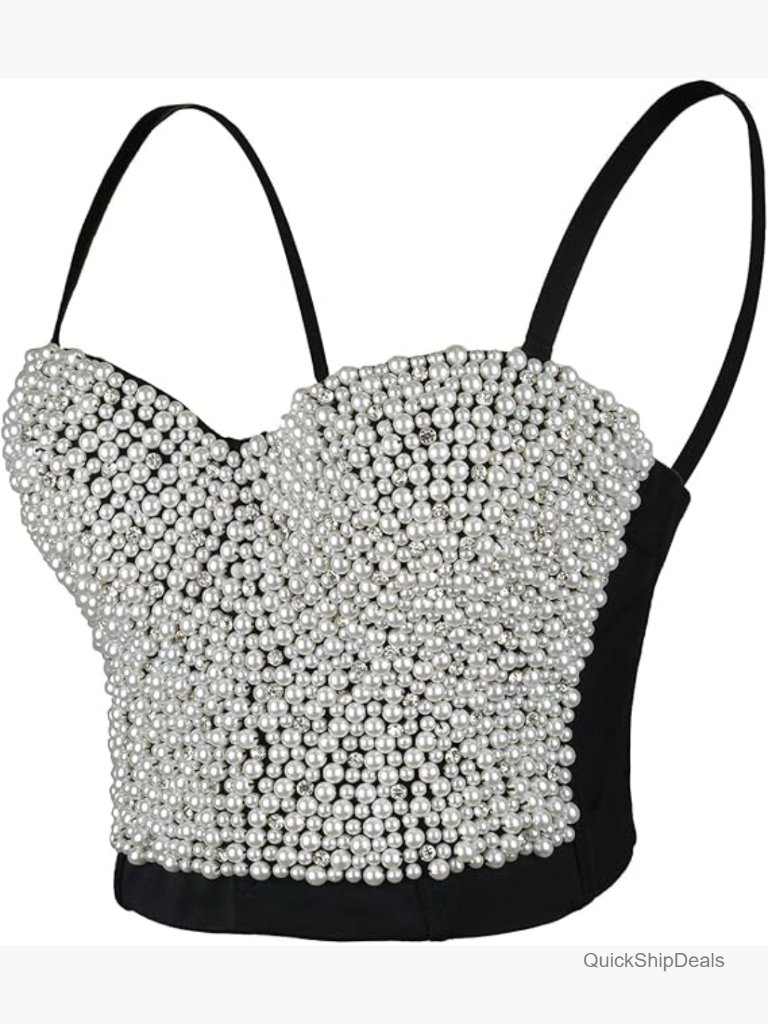 Pearls Beaded Rhinestone Bustier Crop Top With Detachable Straps